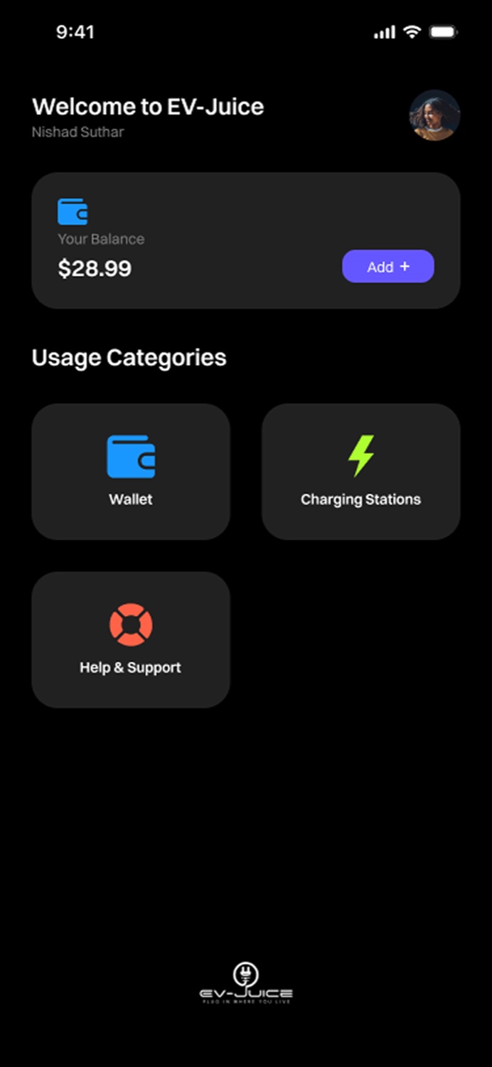 EV-Juice home with wallet balance and usage categories