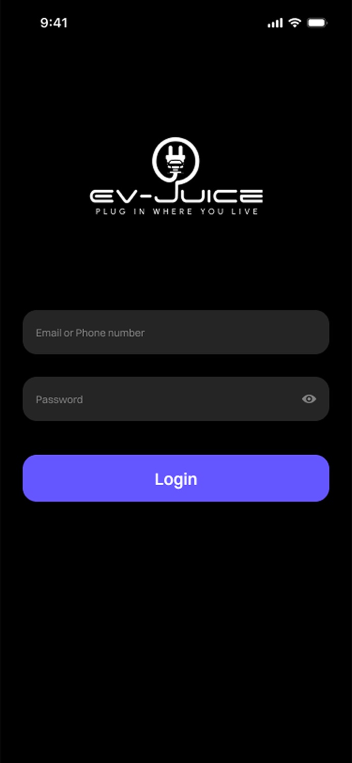 EV-Juice login and onboarding screen