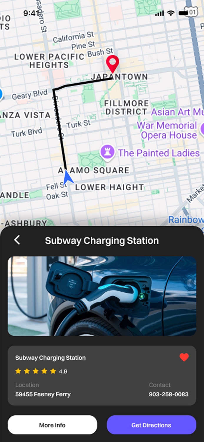 EV-Juice map view and station amenities