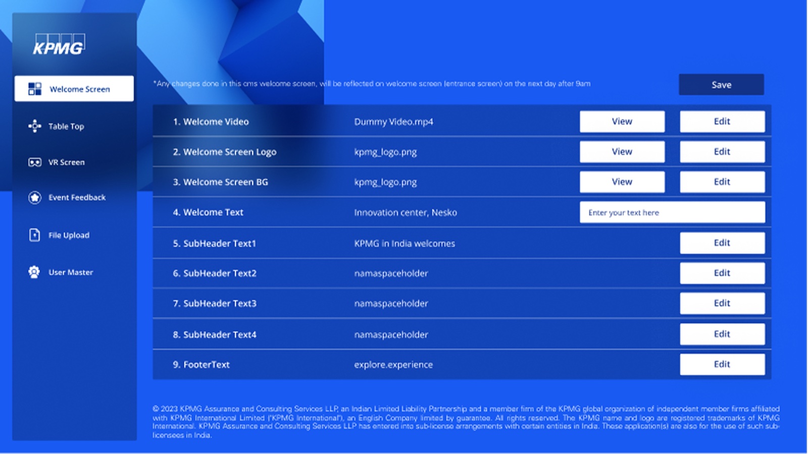 KPMG content management welcome-screen configuration