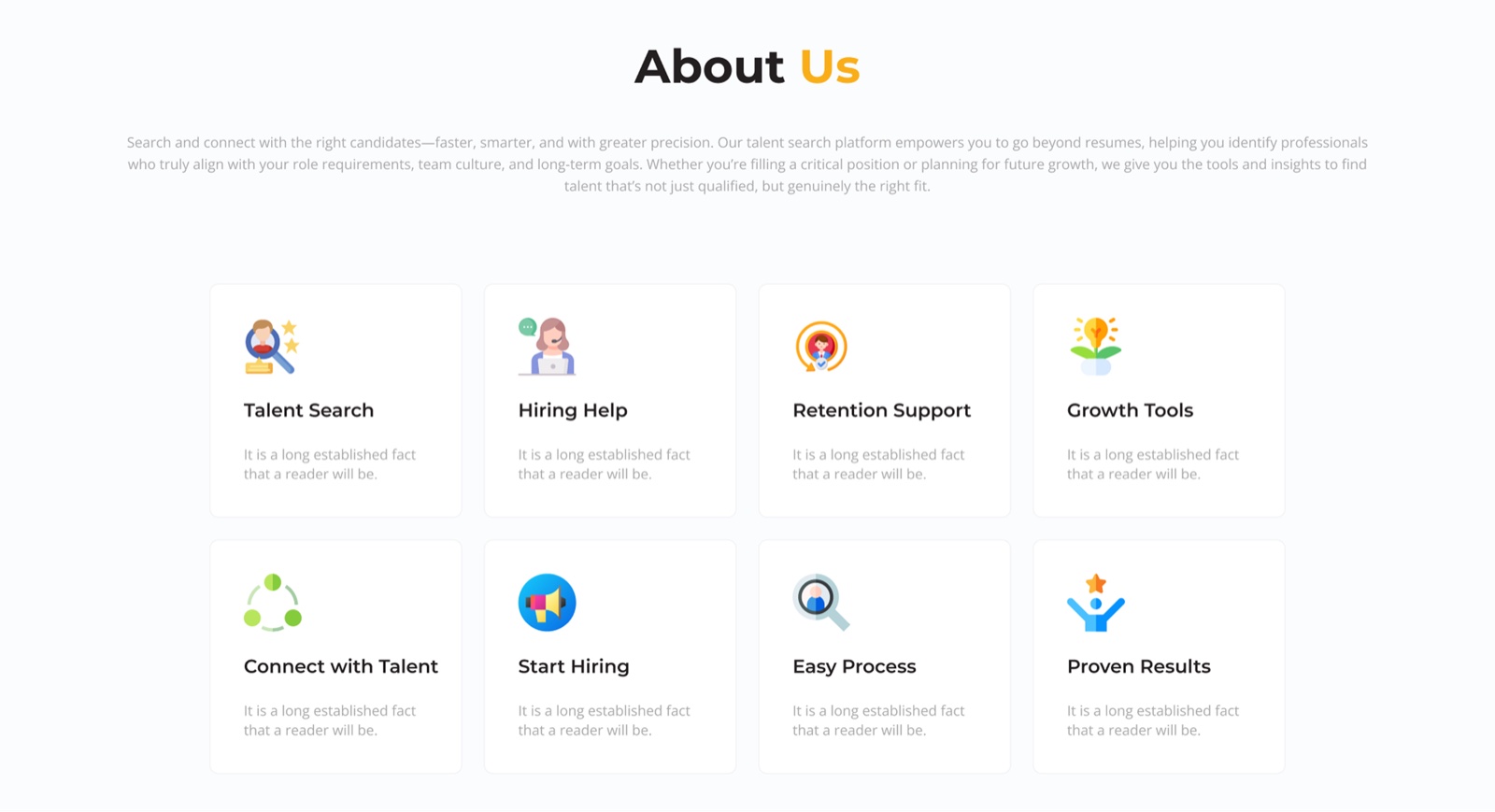 Talent Club about page with talent feature grid