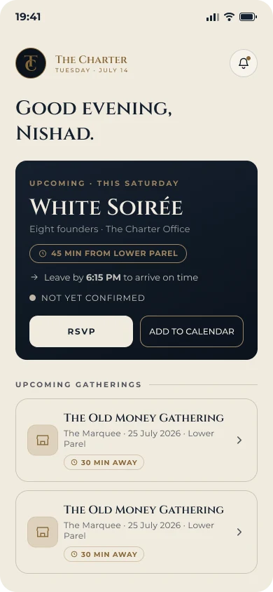 The Charter: App home with the next gathering, travel time and RSVP