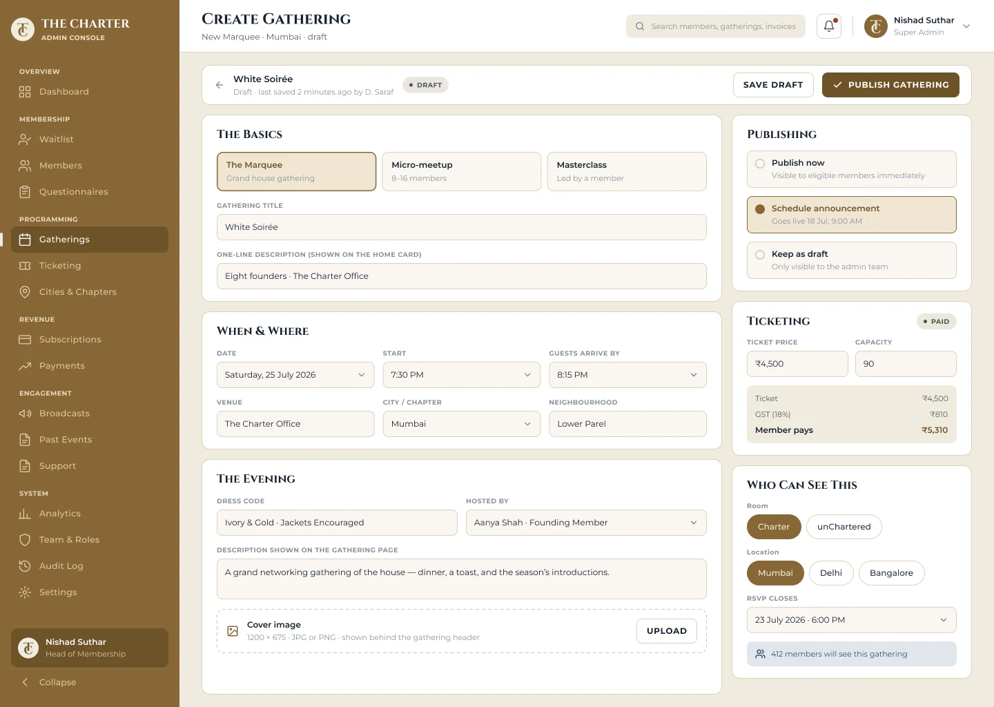 The Charter: Creating a gathering with ticketing, audience and publishing