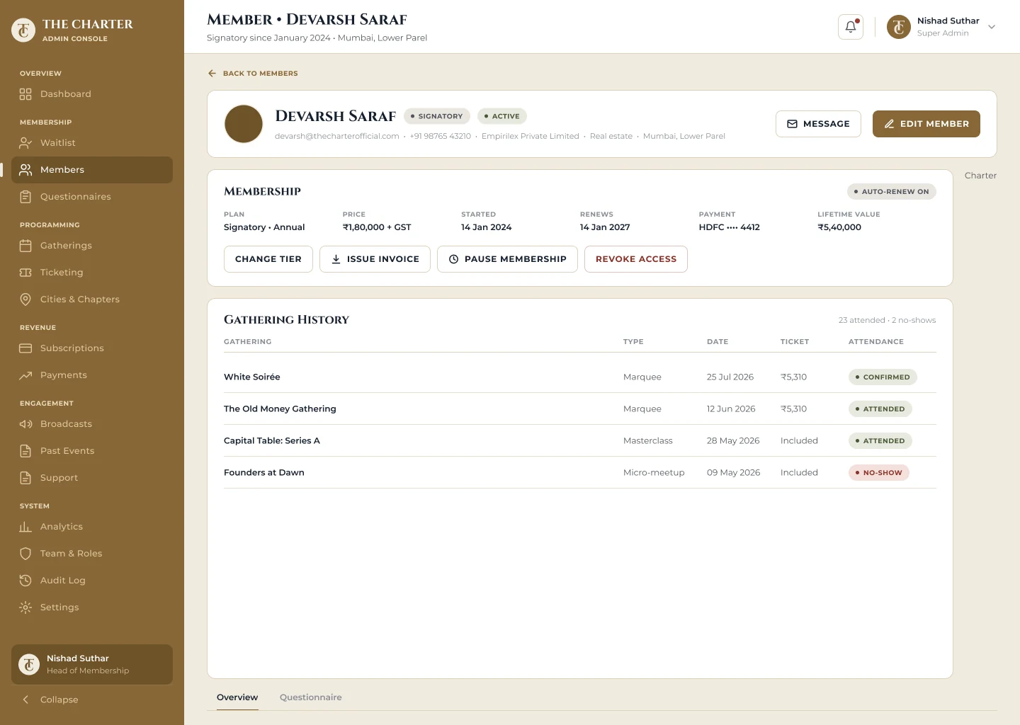 The Charter: Member profile with plan, billing and gathering history