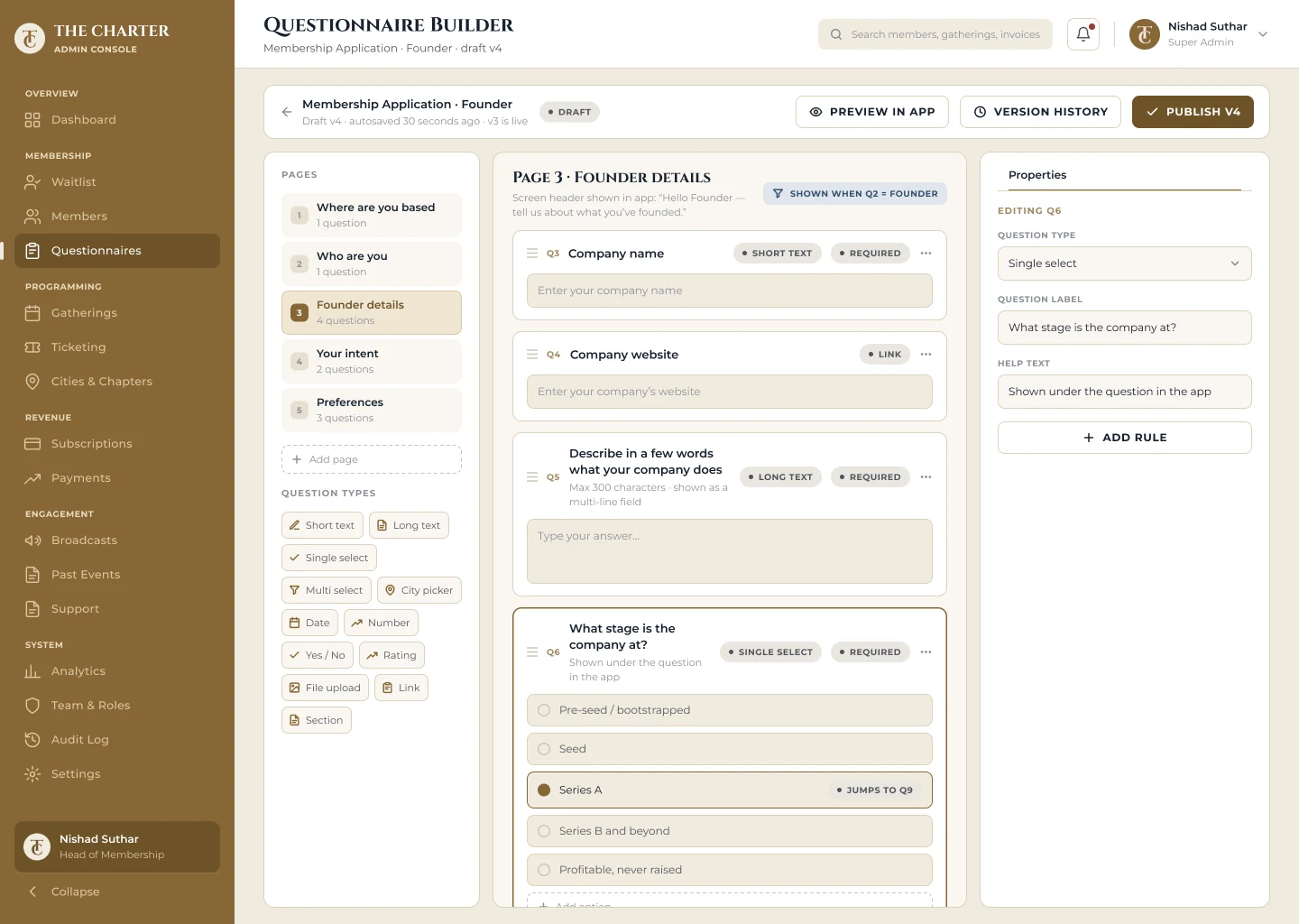 The Charter: Questionnaire builder with rules and version history